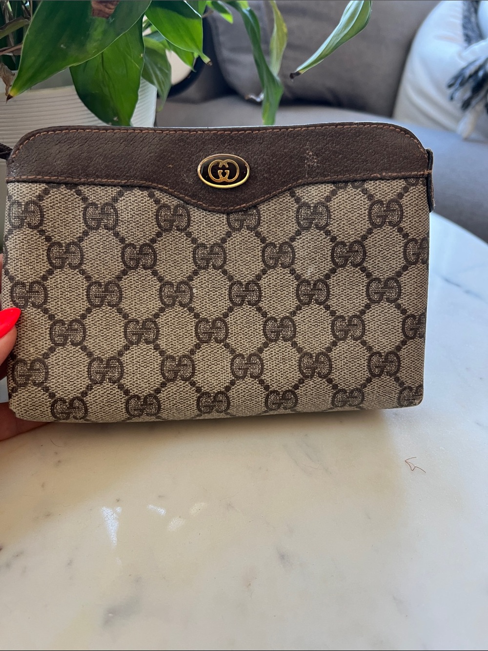 Vintage Gucci Beige & Brown GG Canvas Cosmetic Pouch with Gold Logo